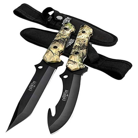 MOSSY OAK Fixed Blade Hunting Knife Set - 2 Piece, Full Tang Handle Straight Edge and Gut Hook Blades Game Processing Knife, Sheath Included