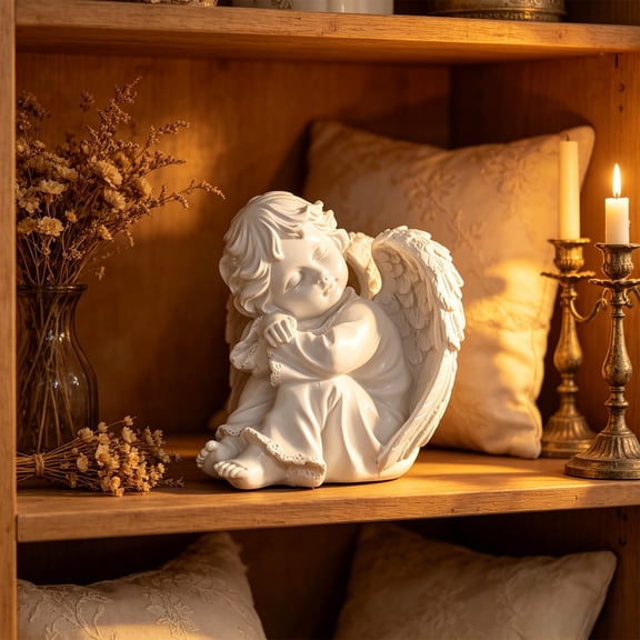 Beforeyayn Cherub Resin Statue, Praying Angel Figurine For Home Decor For Seniors, Shelf And Table, Hugging Cherub For Memorial And Comfort Gift.