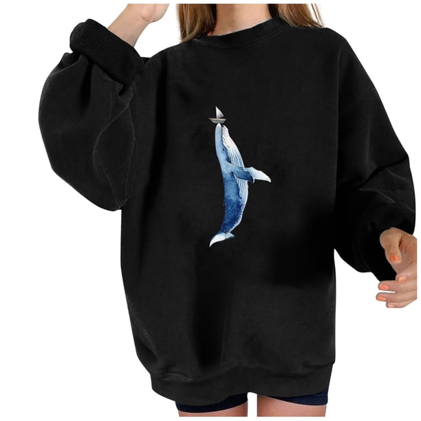 Sudadera extragrande de lana de manga larga con cuello redondo y estampado de océano salvaje para mujer Fridja fhghd336