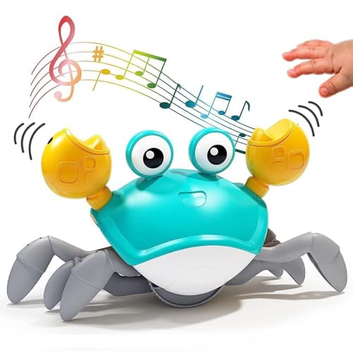 Upgraded Crawling Crab Baby Toy - Electric Sensing Toy - Fun Interactive Dancing Walking Moving Toy,Babies Sensory Induction Crabs with Music & Lights for 3 Years (Blue)