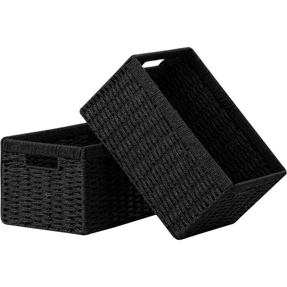 2 Pack Wicker Basket, 13.4L×8.3H×7.1W inch Woven Paper Rope Storage Baskets for shelves, Foldable Rectangular Storage Baskets with Handle, Storage Basket for Organizing, Black