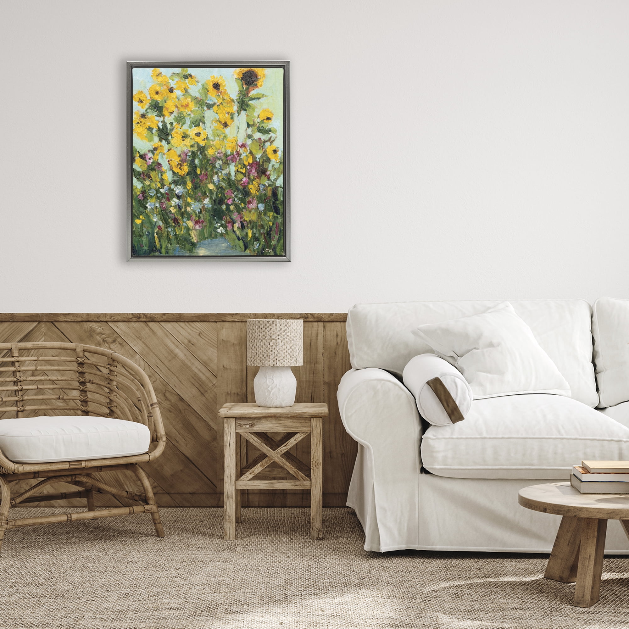 Stupell Industries Sunlit Sunflowers in Garden Gray Framed Floater Canvas Wall Art, design by Carson Overstreet