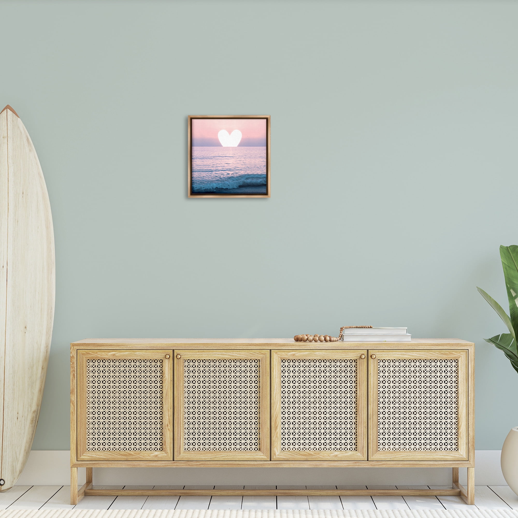 Stupell Industries Pink Heart Ocean Sunrise Landscape Painting Brown Floater Framed Canvas Art Print Wall Art, 18 x 18