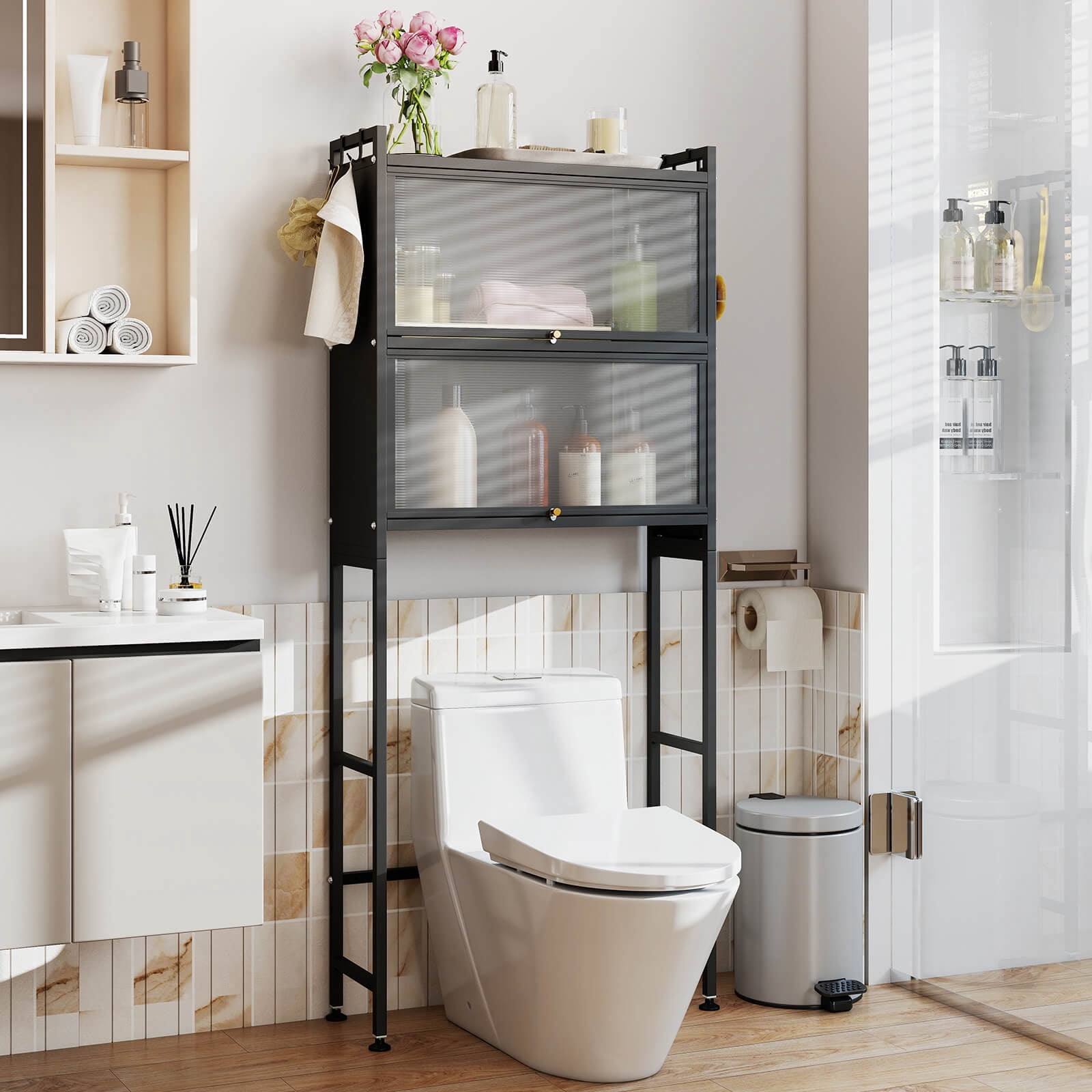 Costway 66” Bathroom Organizer with 2 Flip-up Cabinets, See-through Fluted Doors, 4 Hooks Black