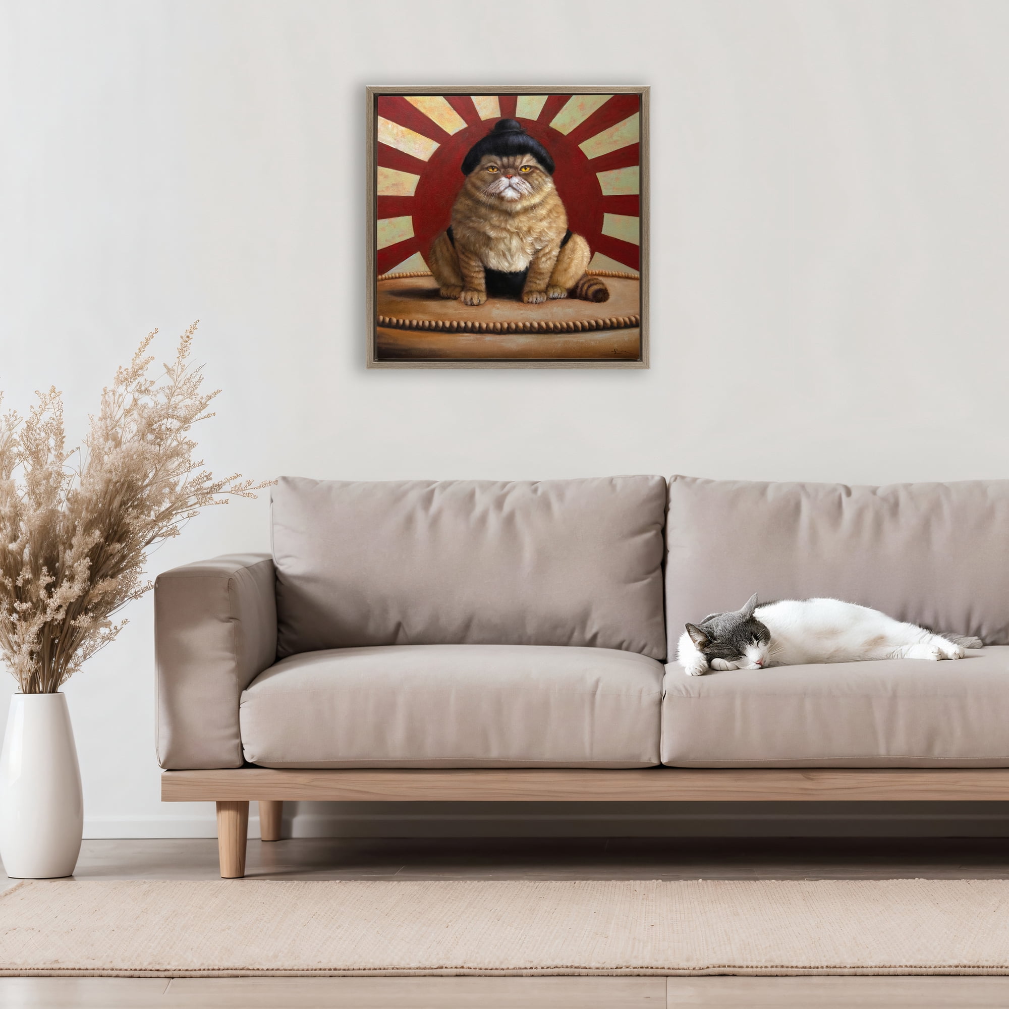 Stupell Industries Sumo Cat with Sun Rays Brown Framed Floater Canvas Wall Art, design by Lucia Heffernan
