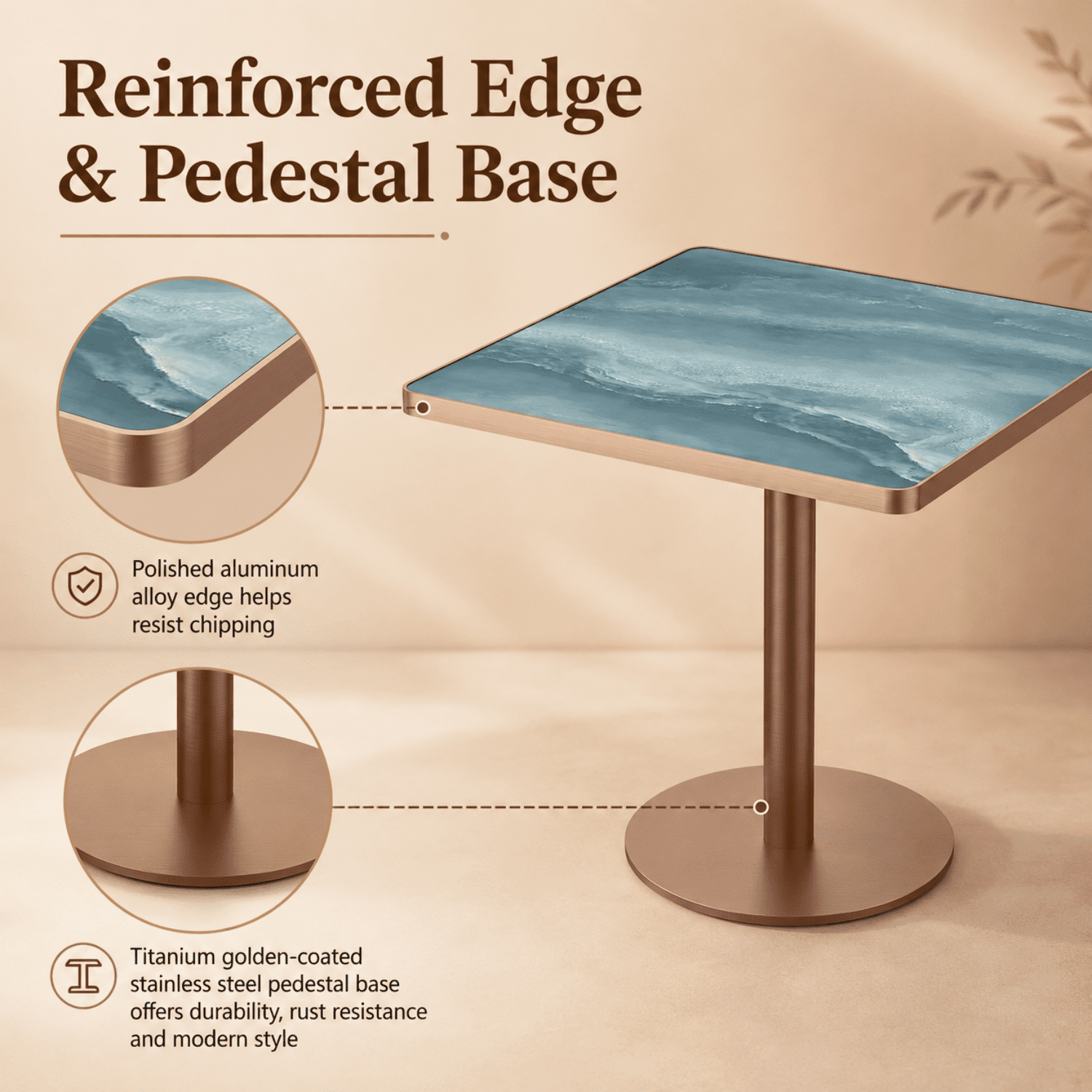 Miniyam 31.5 in Square Dining Table for 2-4, Marble-Look Sintered Stone Top, Stainless Steel Pedestal Base for Small Space, Teal