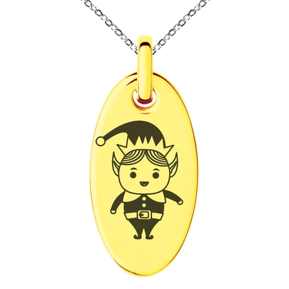 Rose Gold Stainless Steel Happy Elf Engraved Small Oval Charm Pendant Necklace