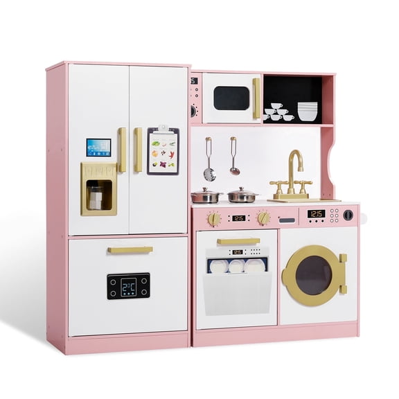 AILEEKISS Wood Kids Play Kitchen, Pretend Kitchen Playset for Children Age 3 Years up, Pink