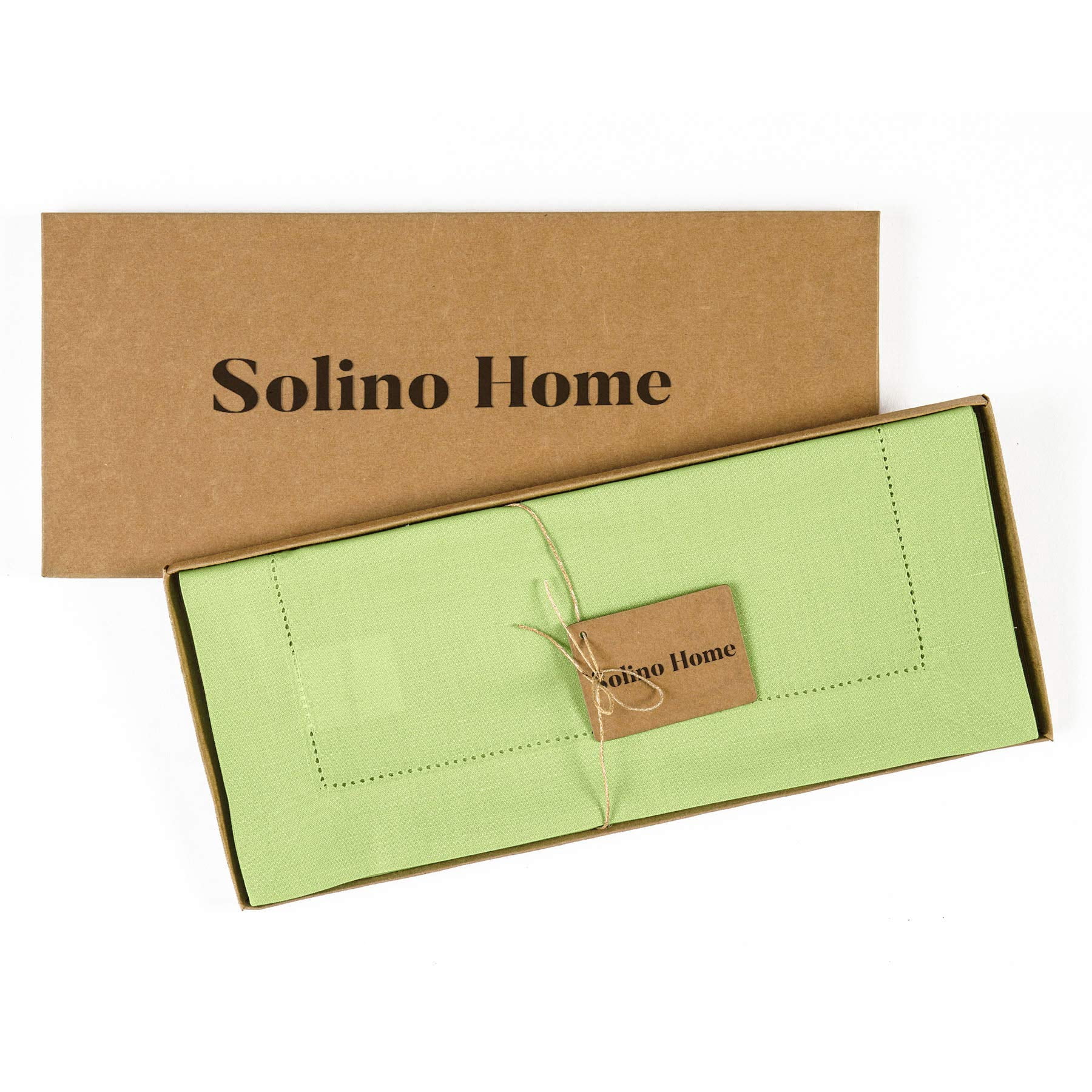 Solino Home Cotton Linen Table Runner 120 Inches Long - Hemstitch Apple Green Dining Table Runner 14 x 120 Inch for Spring, St Patricks Day, Easter, Mothers Day