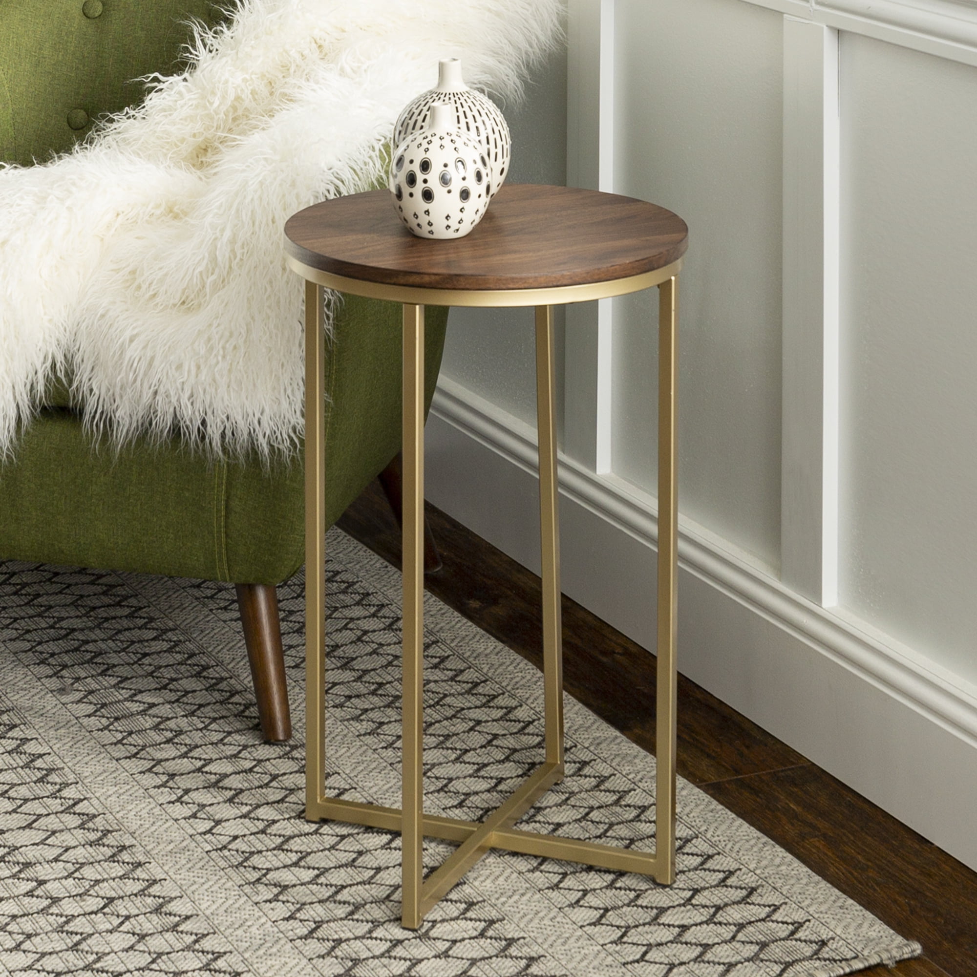 Ember Interiors Modern Glam Round End Table, Dark Walnut