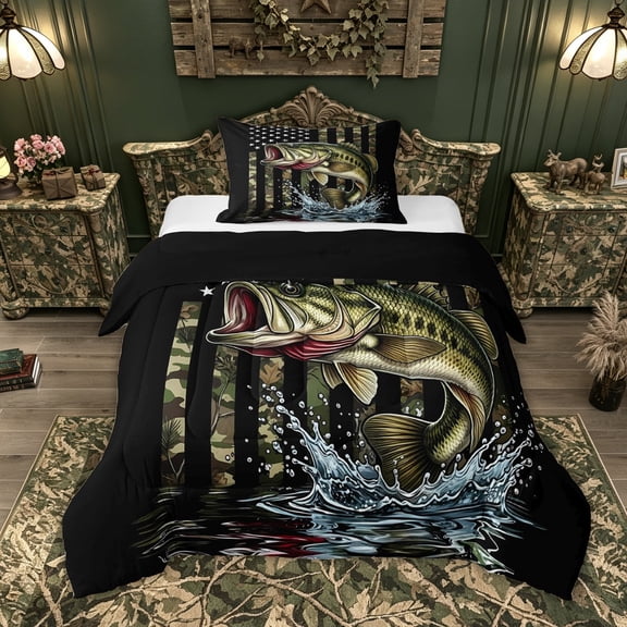 Feelyou Hunting Bass Fish Wildlife Twin Comforter Sets for Men Boys, Rustic American Flag Bedding Set, Rust Black Green, Black Reversible, 2pcs