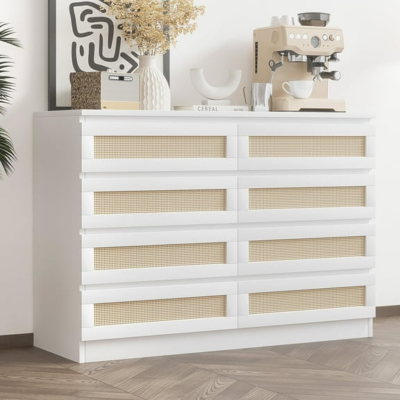 M optimized 8 Drawer Double Dresser, Rattan Chest of Dressers, Modern Wooden Dresser Chest for Bedroom, Living Room