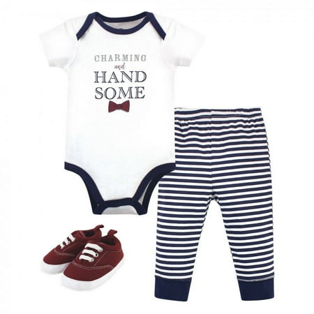 UPC: 0660168728804 | Little Treasure Baby Boy Cotton Bodysuit  Pant and Shoe 3pc Set  Charming Handsome  0-3 Months