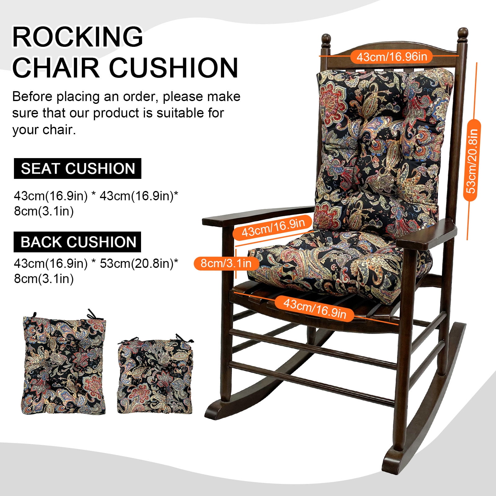 Eurhowing Outdoor Rocking Chair Cushions 2-Piece, Waterproof & Fade Resistant Patio Seat Pads, Non-Slip Replacement Cushions for Adirondack Chair, Black Flower, 1Pack