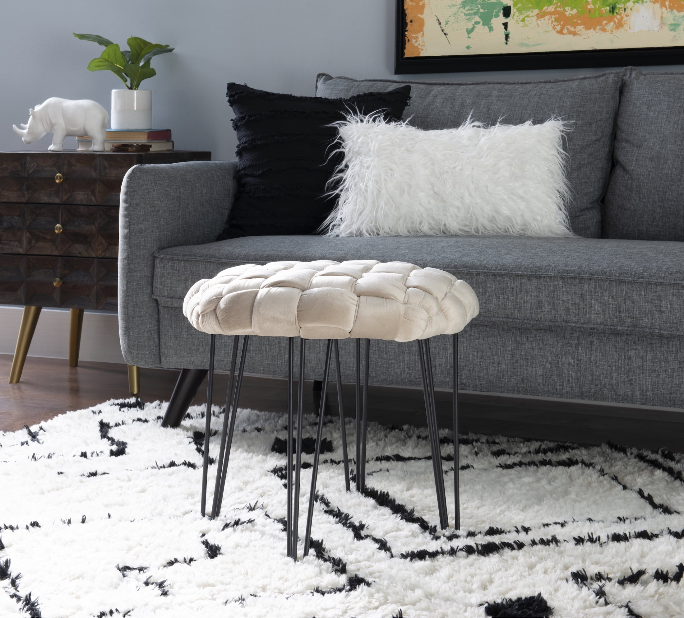Powell Anya Round Handwoven Velvet Ottoman with Hairpin Legs, Cream