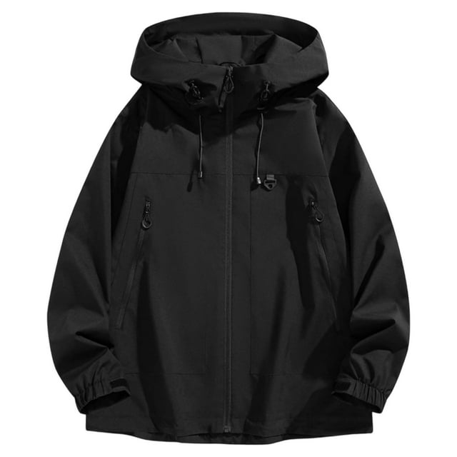 WRKEKC Men's Storm Jacket Windproof Waterproof Hooded Alpine Mountaineering Coat with Long Sleeves for All-Weather Outdoor Protection in Solid Color Black M