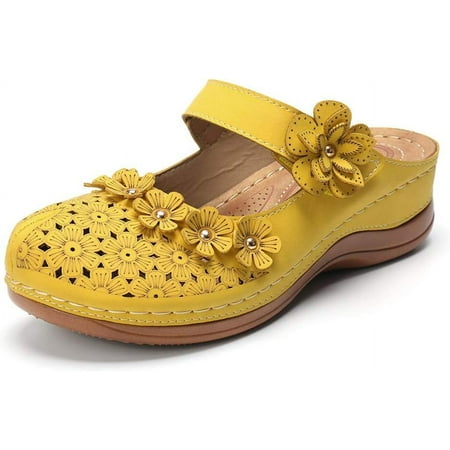

Foanerwi Womens Slippers Sandals Summer Hole Shoes Vintage Wedges Floral Slides Sandals Ladies Flats Shoes Soft Casual Slip on Loafer Yellow 45