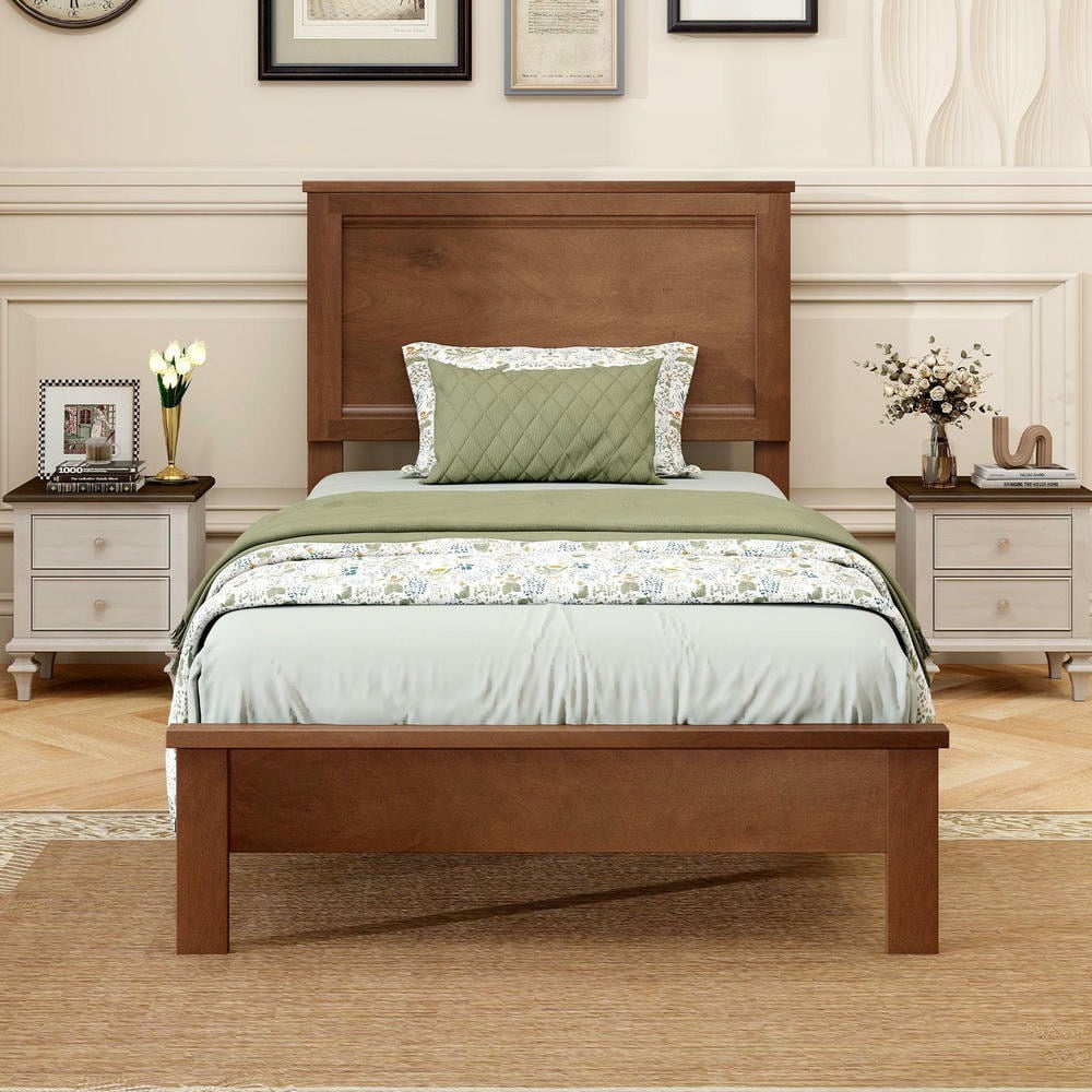 Barara King Twin Size Wooden Bedroom Bed Frame with Headboard and Slat Support, Bed Platform Frame for Apartment, Bedroom, Walnut