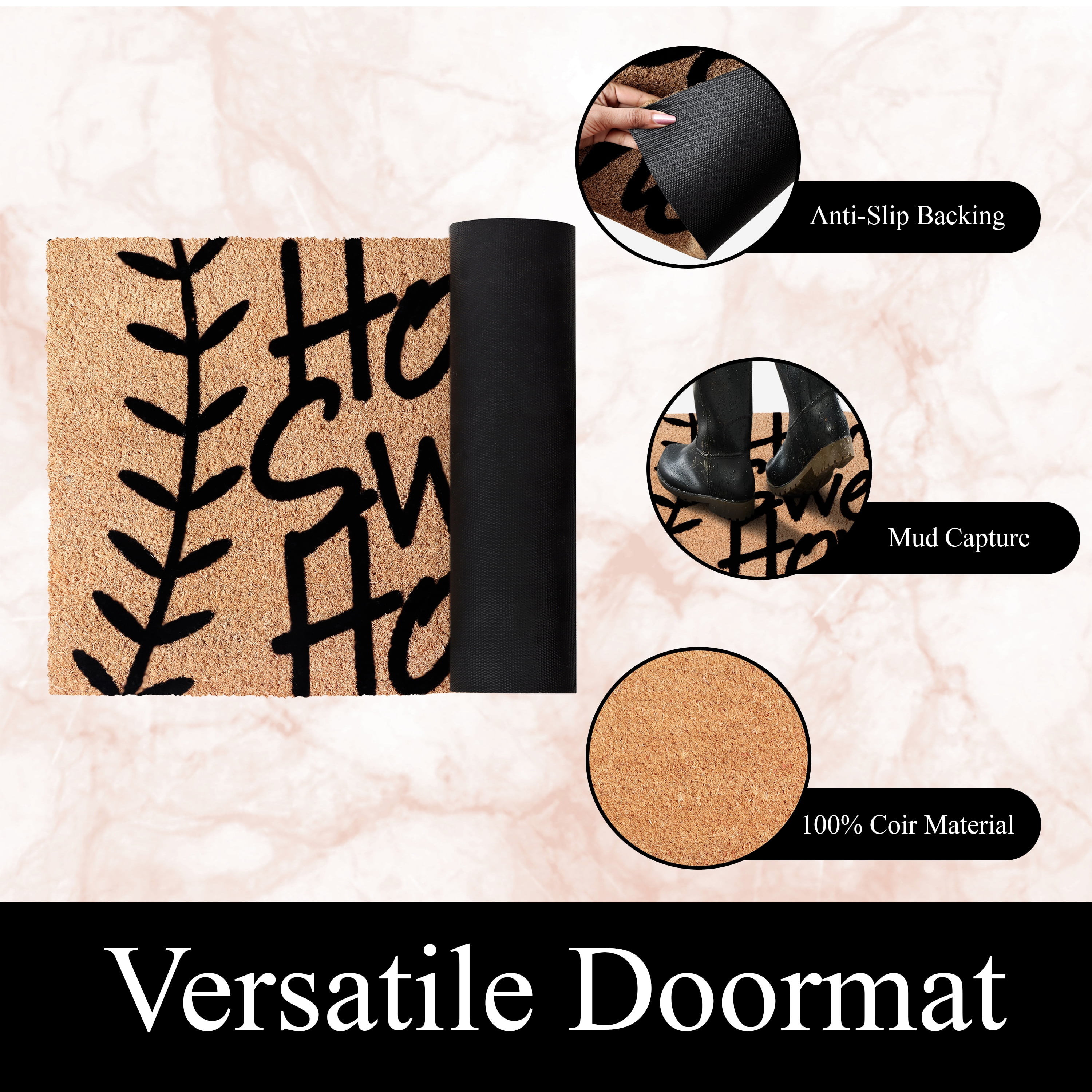 A1HC Natural Coir Flocked Doormat, Leafy Home Sweet Home Black , 24"x36", Durable Outdoor Welcome Mat, Non-Slip, Pet Friendly