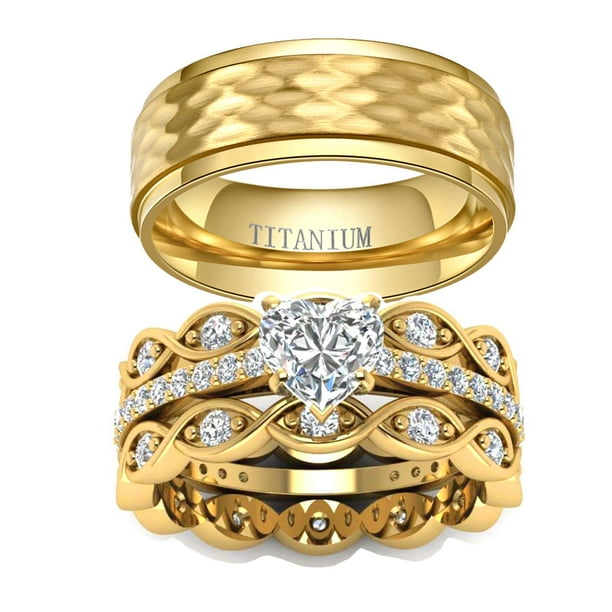 His and Hers Wedding Ring Sets Couples Rings Yellow Gold Plated Heart