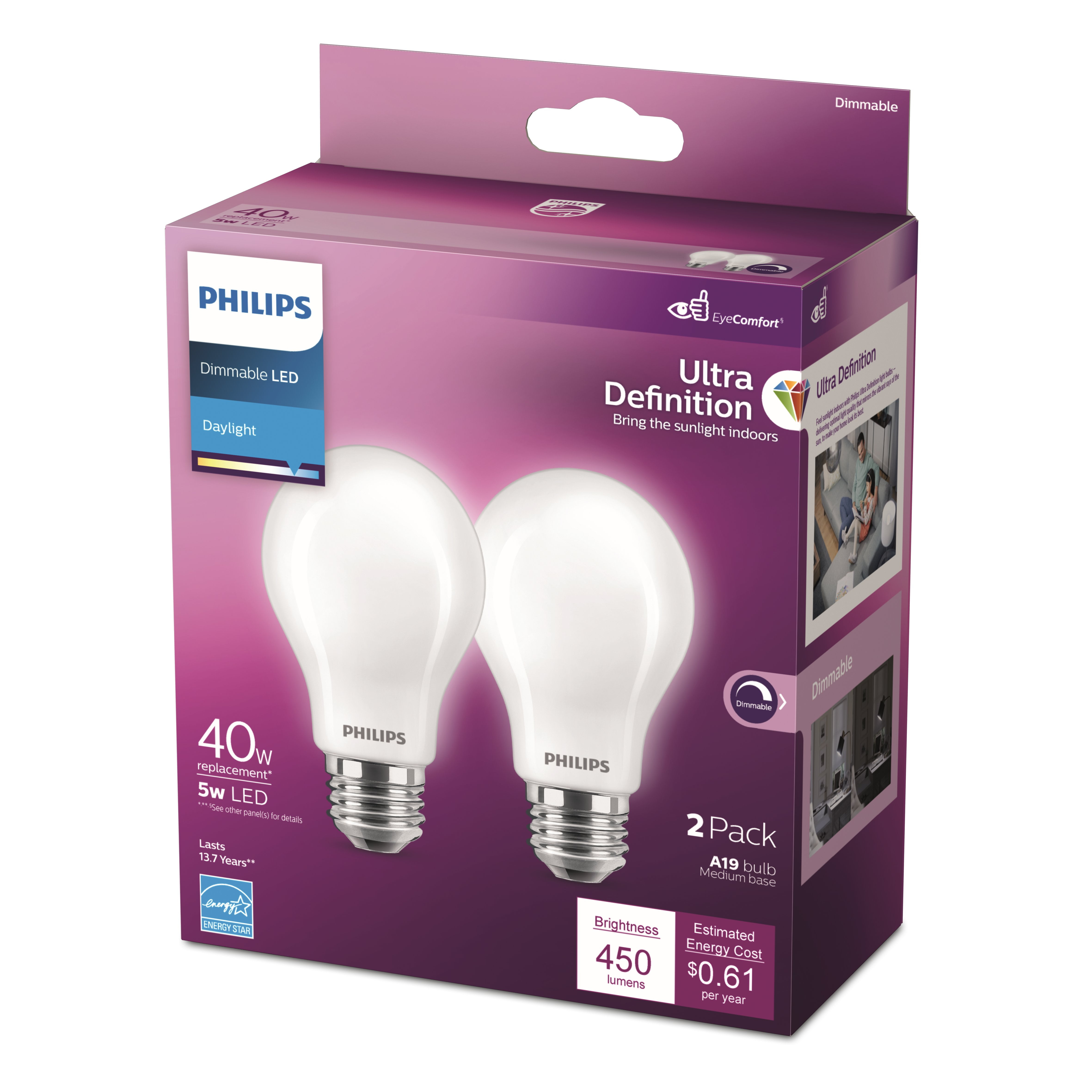 moeilijk beton Ontmoedigd zijn Philips Ultra Definition LED 40-Watt A19 Light Bulb, Frosted Daylight,  Dimmable, E26 Medium Base (2-Pack) - Walmart.com