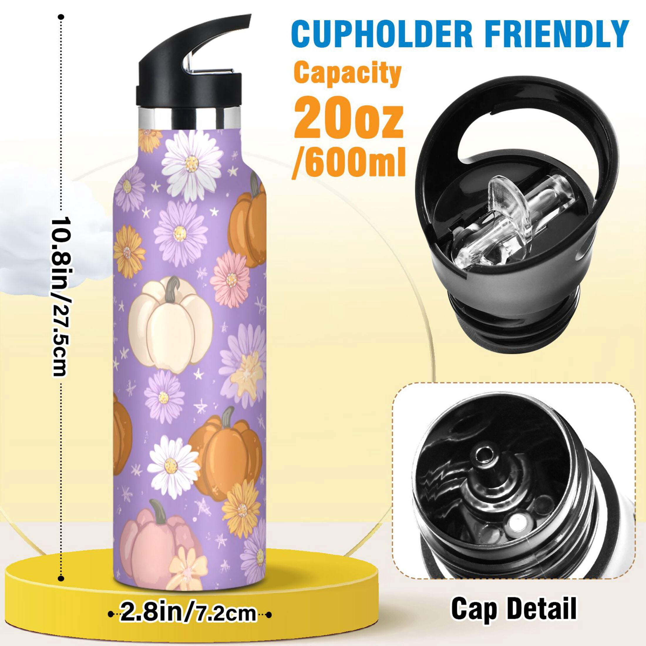 Kids Insulated Stainless Steel Sports Water Bottle 600ml (20oz) Pumpkins and Daisies