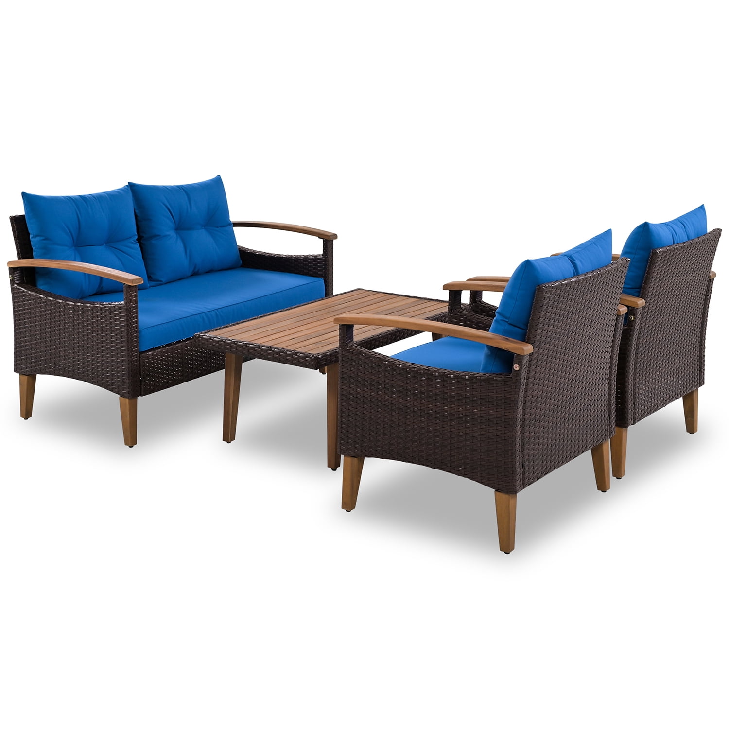 Kadyn 4-Piece Patio Seating Set, Wicker Garden Furniture with Wood Table and Legs, PE Rattan Outdoor Sofa Set for Balcony, Blue Kadyn 4-Piece Patio Seating Set, Wicker Garden Furniture with Wood Table and Legs, PE Rattan Outdoor Sofa Set for Balcony, Blue