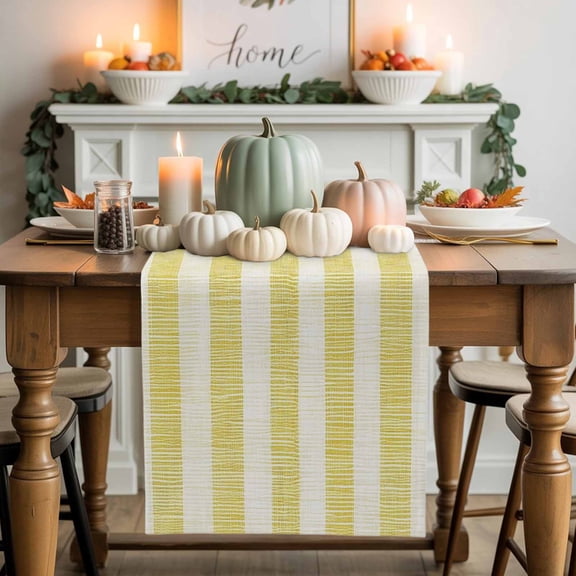 Yellow Linen Stripes Cotton Linen Table Runner, Washable Table Runners for Kitchen, Dining Room, Holiday, Home Party Table Decor, 13x48 Inches