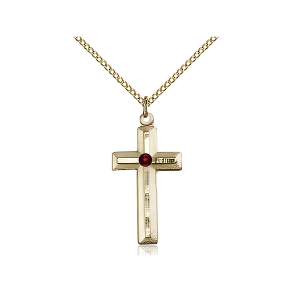Gold Filled Cross Pendant with 3mm January Red Swarovski Crystal 1 1/8 x 1/2 inches with Gold Filled Lite Curb Chain