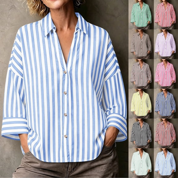 Idoravan Womens Button Down Shirt Oversized Womens 3/4 Sleeve Striped Button Down Shirt Fashion Women's Summer Striped Casual Turndown Collar Button 3/4 Sleeve Shirt