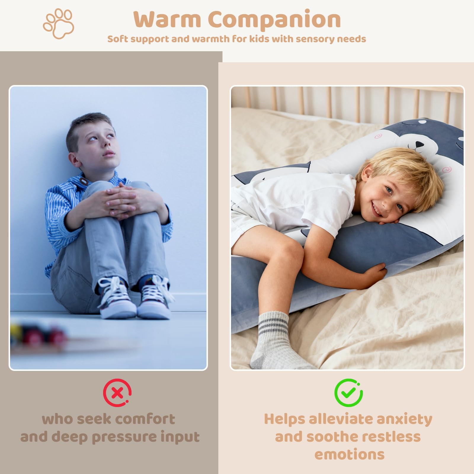 IFOYO 43" U Shaped Kids Full Body Pillow, Minky Cuddle Pillow for Sleeping ADHD Sensory Relief, Washable Cover for Boys Girls