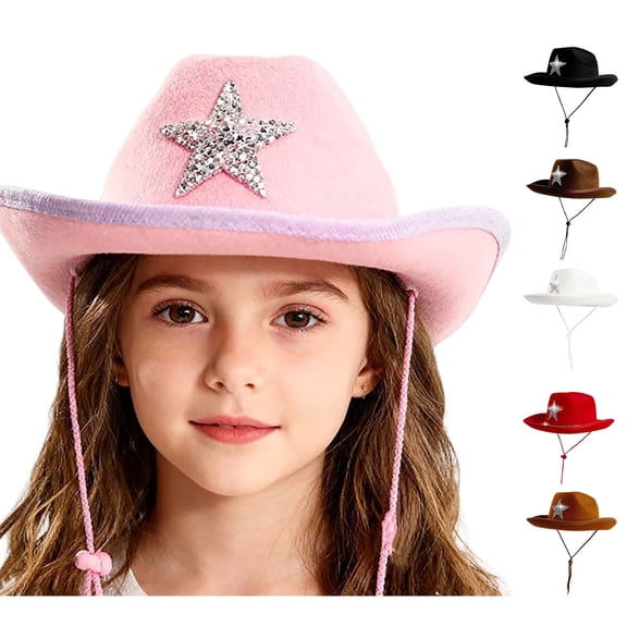 LRen Western Cowboy Hat for Kids Girls with Sparkly Star Wide Brim Sun Hat Kids Western Party Hats