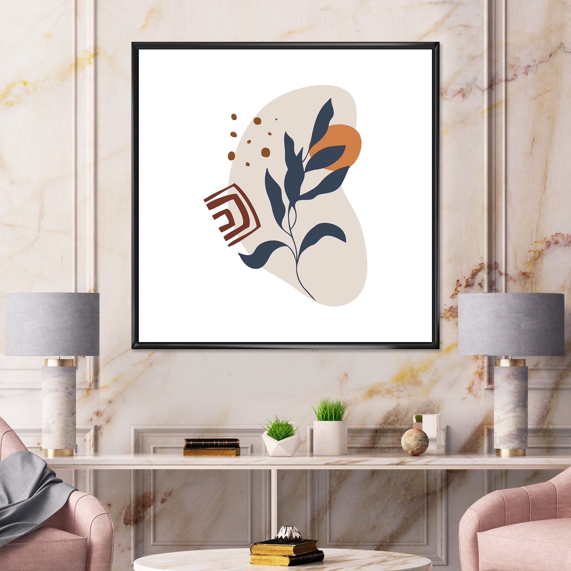 Designart 'Abstract Minimal Shapes Under Flowers VII' Modern Framed Canvas Wall Art Print