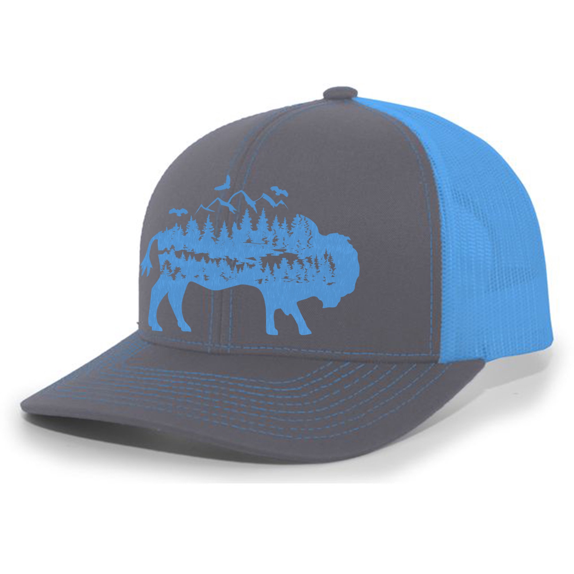 Heritage Pride Mens Trucker Hat Embroidered Wild Buffalo Outdoor Hat Baseball Cap-Charcoal/Neon Blue