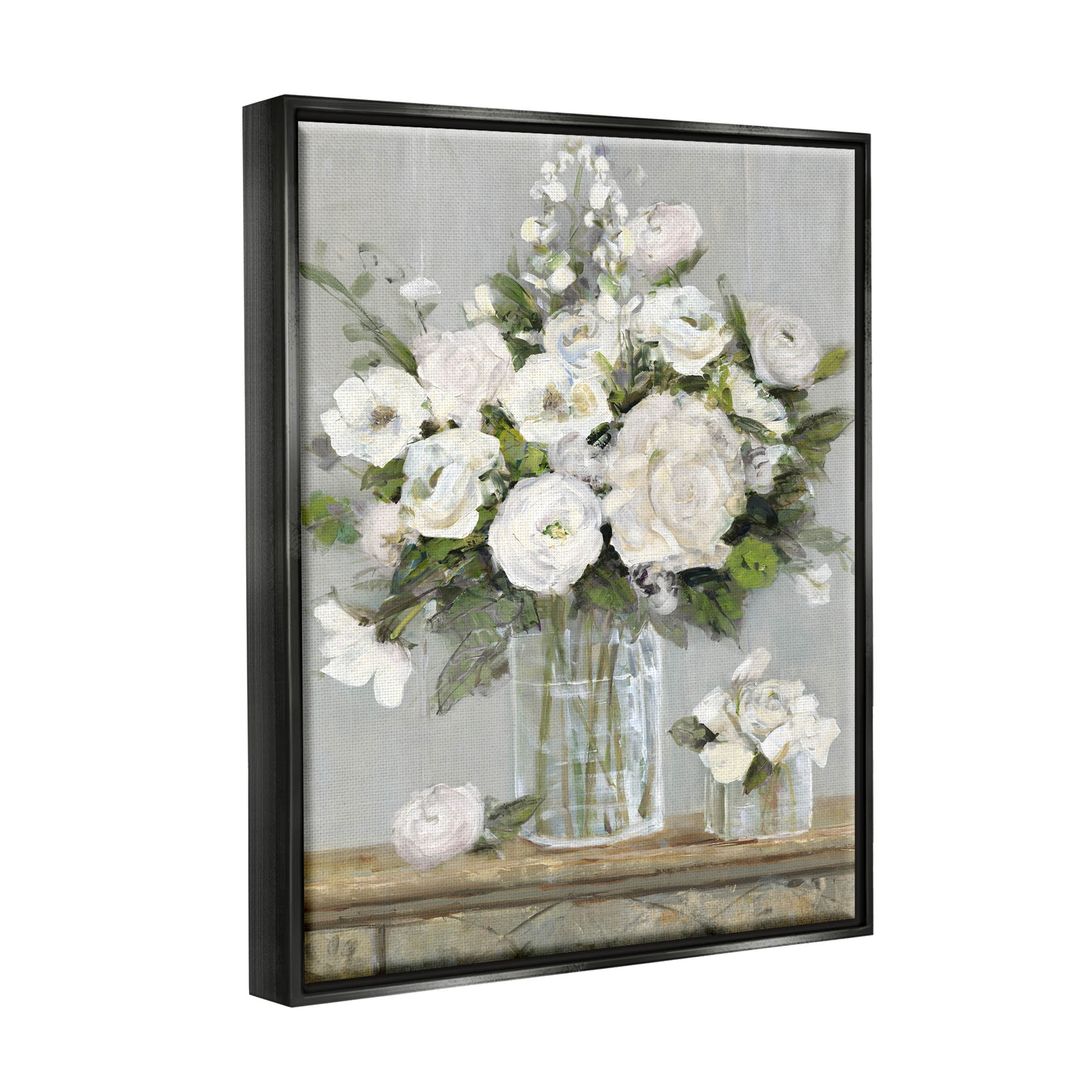Stupell Industries Country White Floral Scene Painting Jet Black Floating Framed Canvas Print Wall Art, Design by Sally Swatland