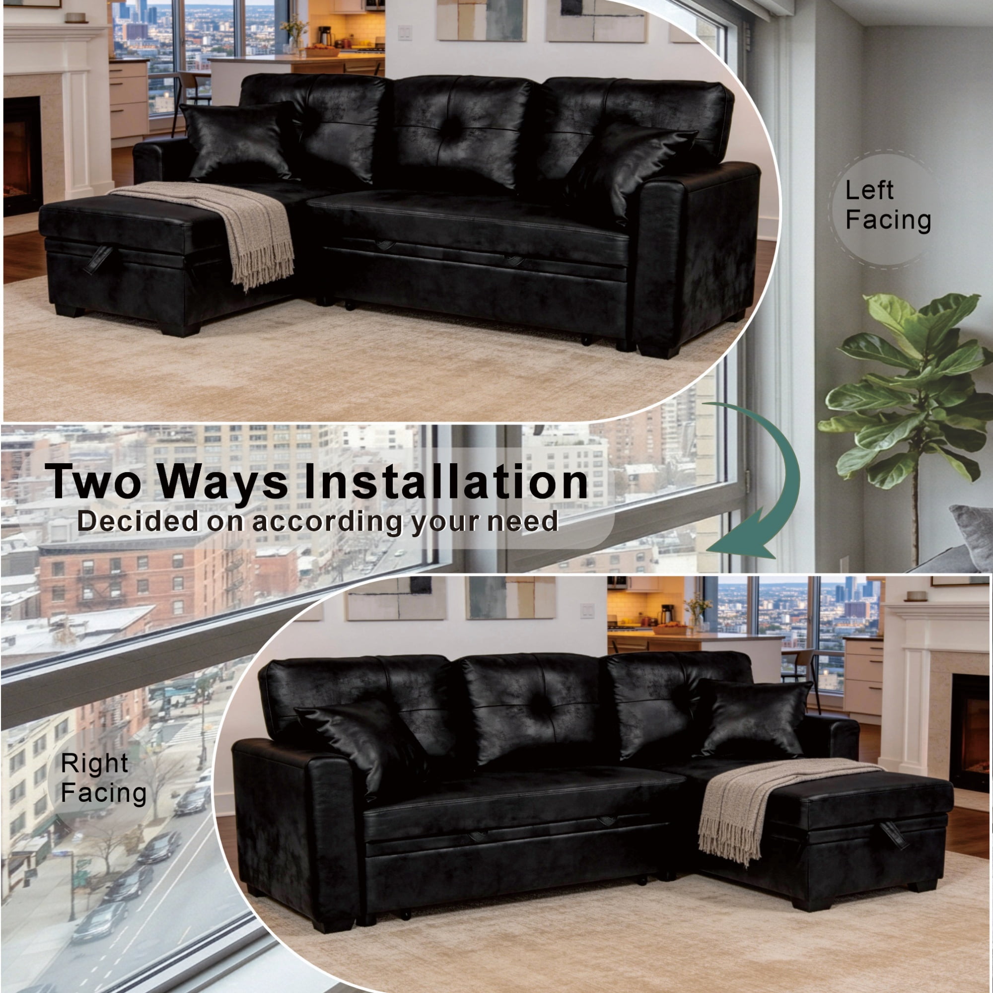 Pull-Out Convertible PU Leather Sectional Sofa Set with Reversible Chaise Lounge, Sleeper Loveseat Couch with Hidden Storage