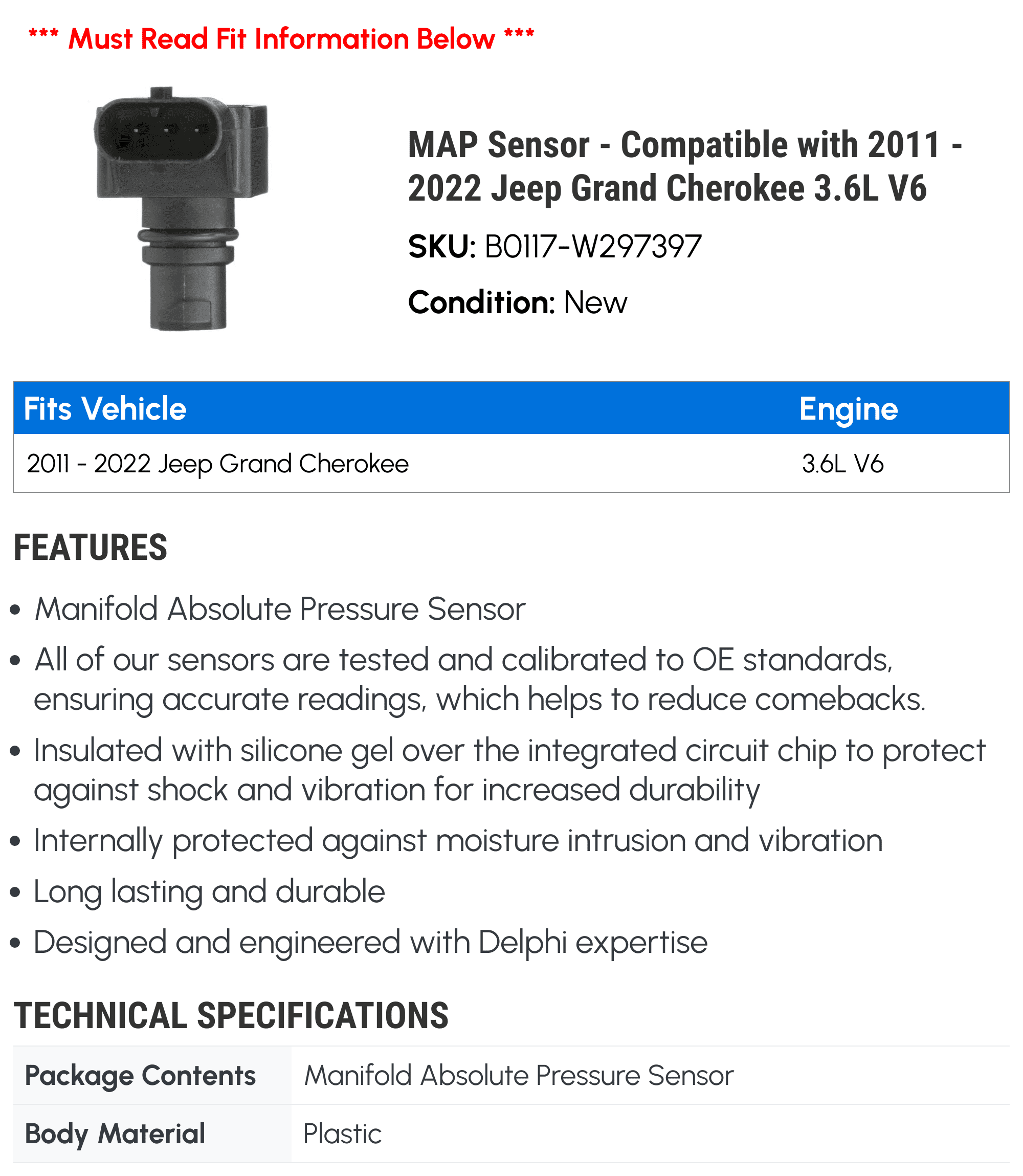 MAP Sensor - Compatible with 2011 - 2022 Jeep Grand Cherokee 3.6L V6 2012 2013 2014 2015 2016 2017 2018 2019 2020 2021