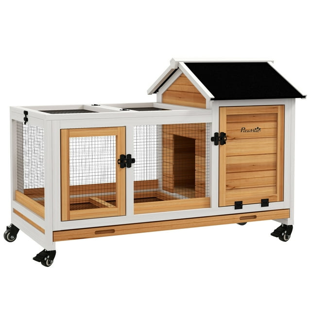 PawHut Rabbit Hutch with Wheels, Ramp, Run, Tray, Yellow