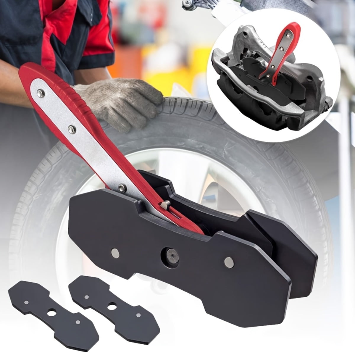 Brake Caliper Press Tool | Car Ratcheting Brake Caliper Piston Spreader Press Tool with 2pcs Steel Plates-Red