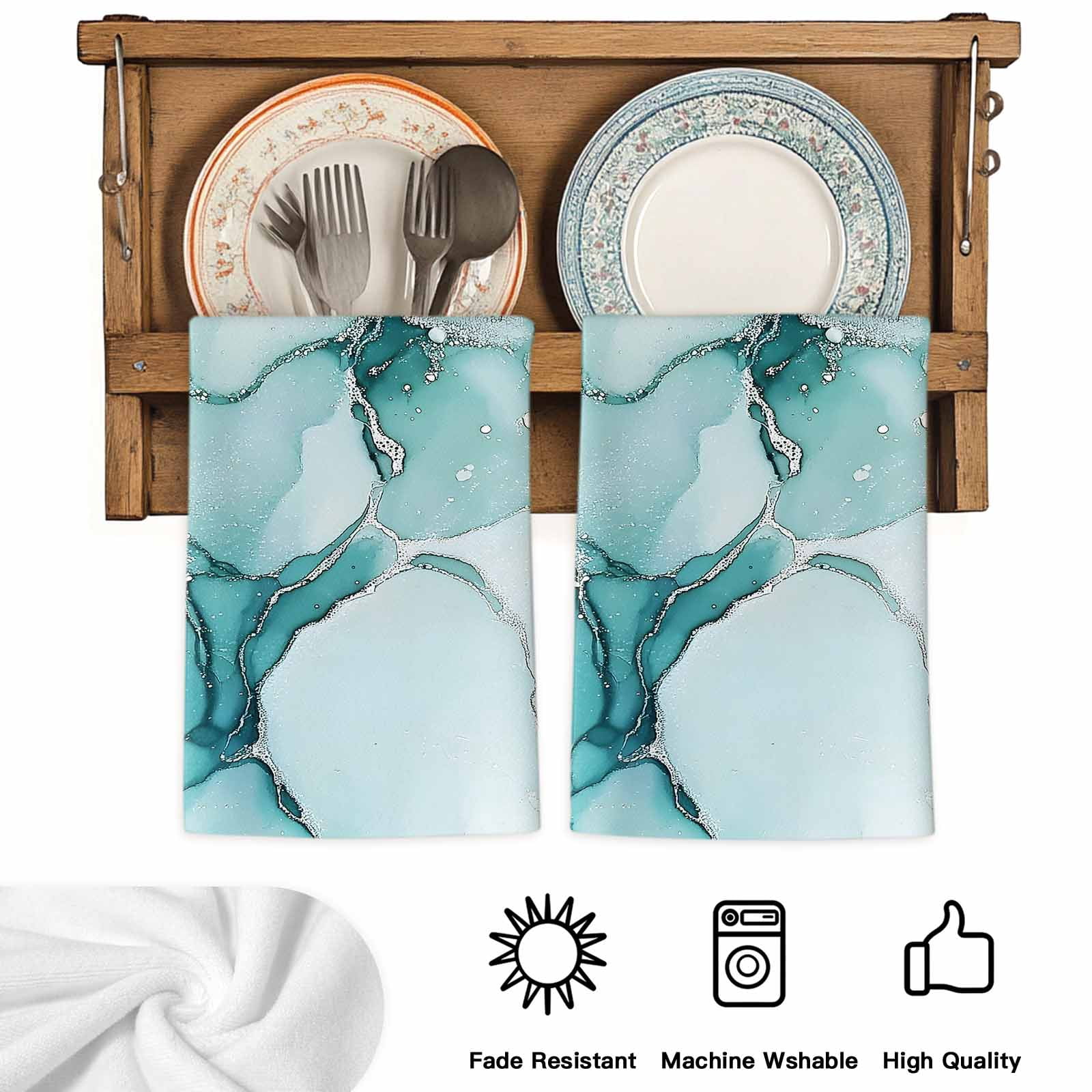 Marble Turquoise Kitchen Towels Set of 2, Abstract Nature Cracks Silver Wavy Absorbent Dish Towels for Kitchen, Microfiber Hand Towel, Quick Drying Tea Towel for Cleaning Decorative Dishcloths