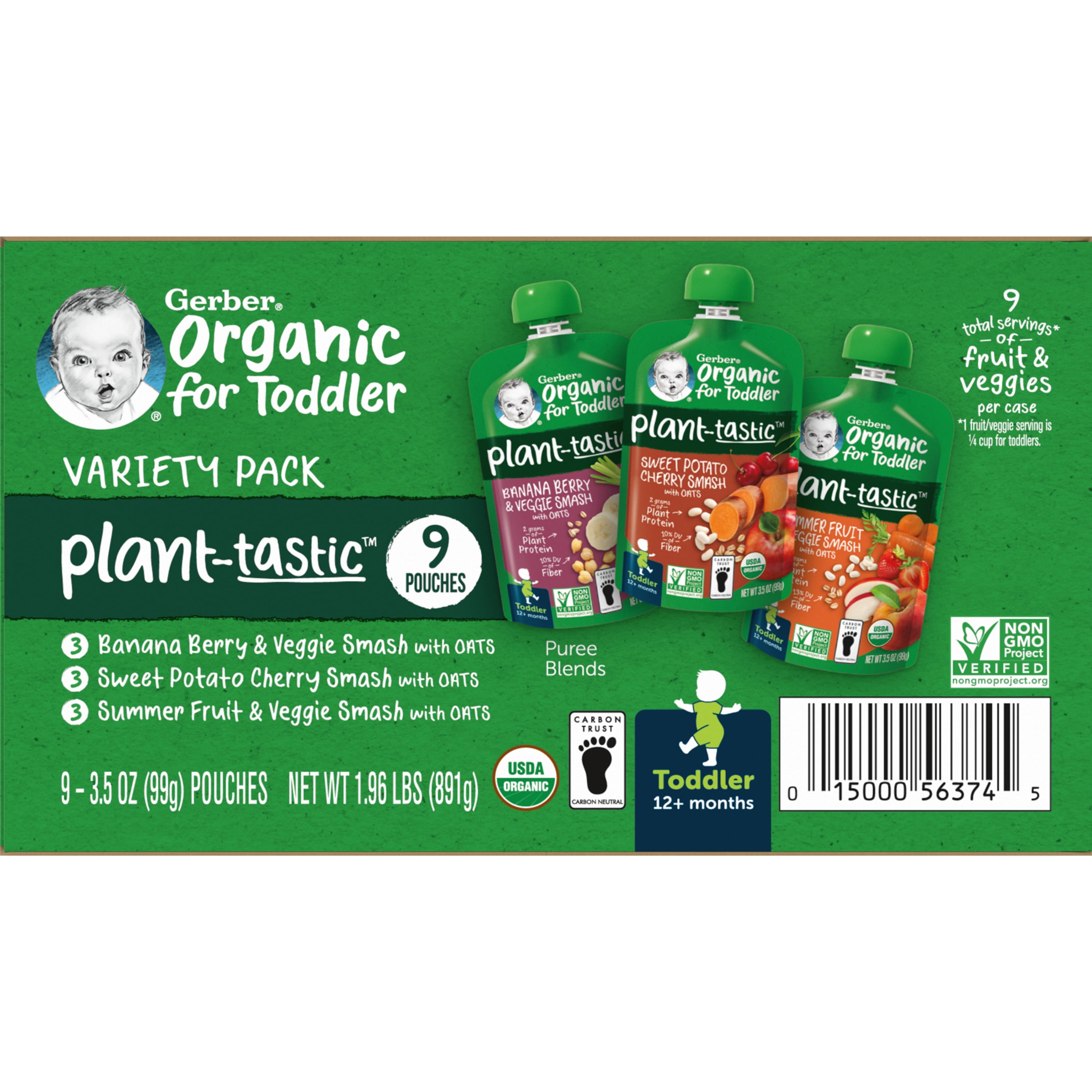 Gerber Organic Plant-tastic Toddler Food Variety Pack, 3.5 oz Pouches (9 Pack)