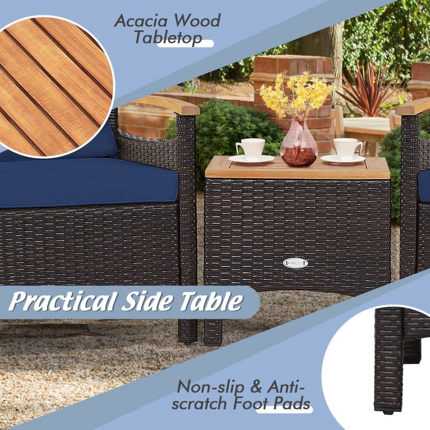 Aimee Lii 3 Pieces Patio Wicker Conversation Set, Outdoor Sectional Set with with Removable Cushion, Navy Aimee Lii 3 Pieces Patio Wicker Conversation Set, Outdoor Sectional Set with with Removable Cushion, Navy