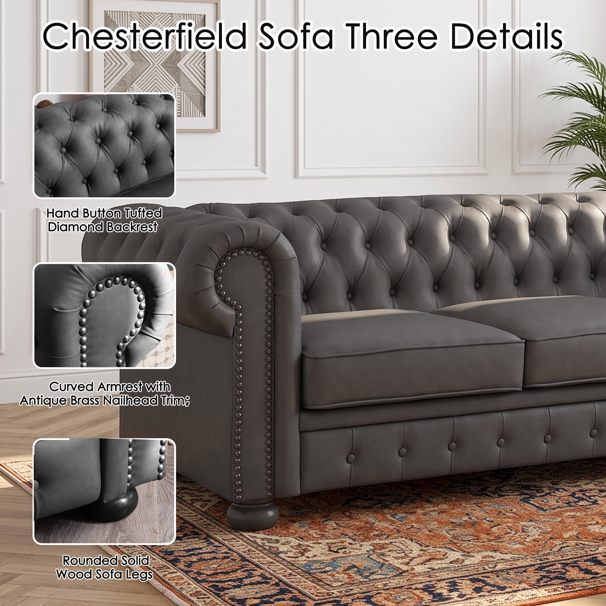 81" Dark Grey Chesterfield Faux Leather Sofa, Rolled Arm 3 Seater Couch, Button Tufted Back, Nailhead Trim, Individual Cushions, Solid Wood Legs for Living Room, Office, Apartment