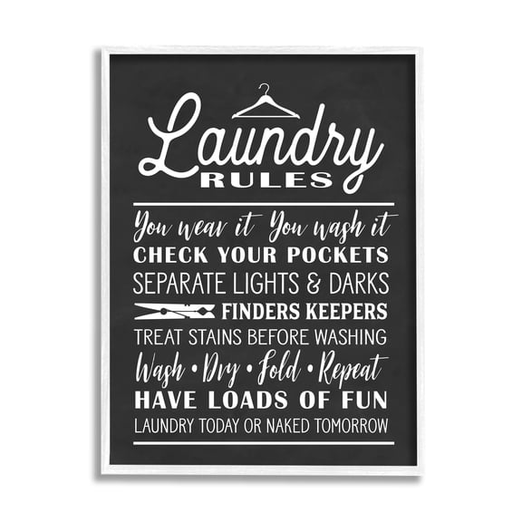 Stupell Industries Laundry Room Rules Hanger Clothespin Icons Black White Country Painting White Framed Art Print Wall Art, 16 x 20, Design by Lettered and Lined
