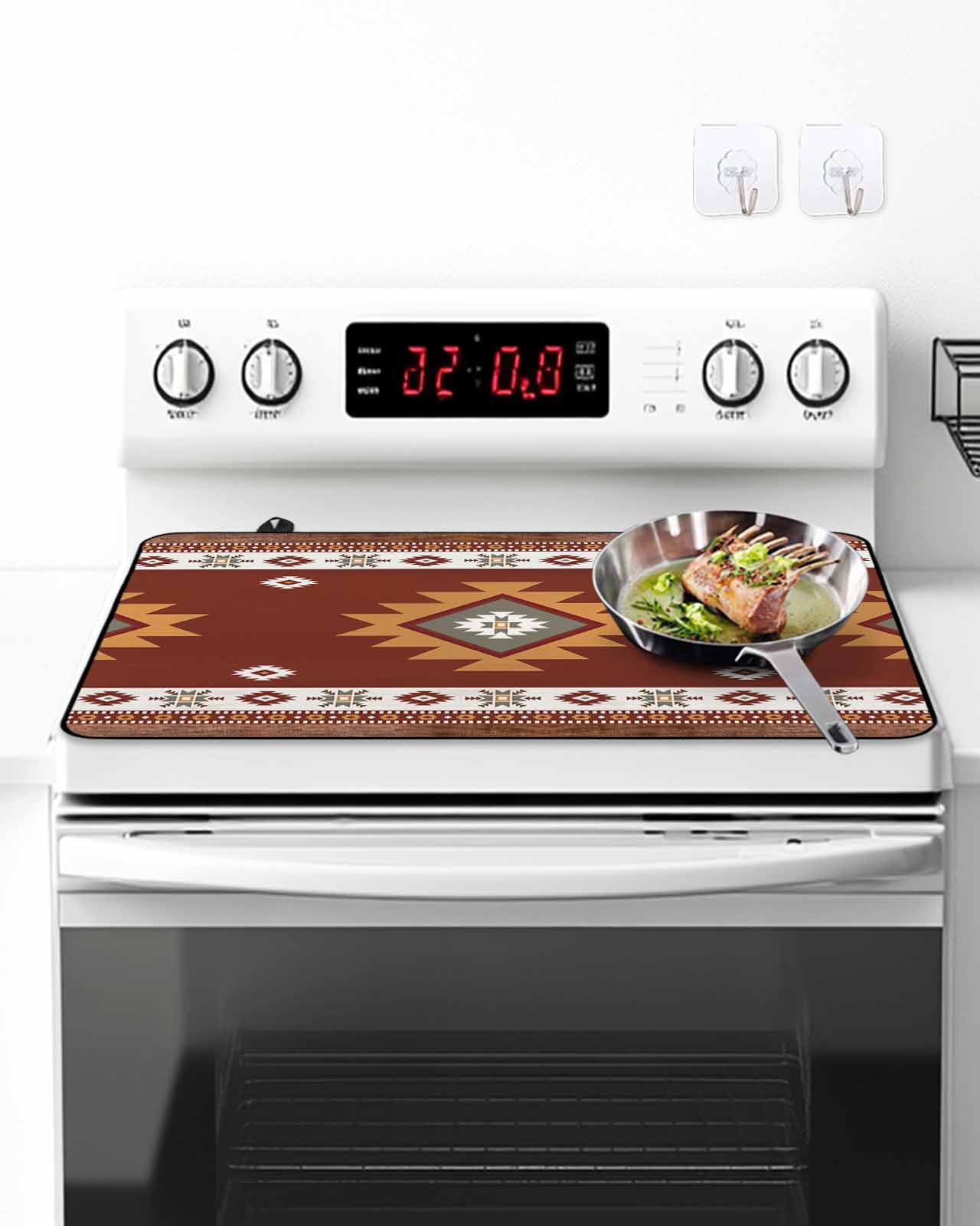 Stove Top Covers for Electric Stove, Southwest Glass Stovetop Cover Protector, Western Brown Beige Geometric Abstract Art Wooden Induction Cooktop Protector Oven Mat for Kitchen Countertop 24"x21"