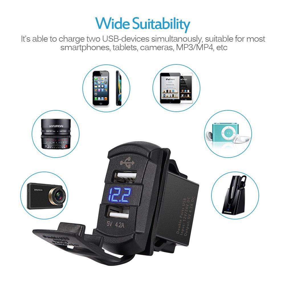 MICTUNING Rocker Style Dual USB Car Voltmeter Monitor with Blue LED Digital Display