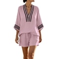 thumbnail image 2 of Women's Two-Piece Shorts Set Three-Quarter Length Sleeve V Neck Striped Vacation Daily Casual Outdoor Summer Loose Set, 2 of 8