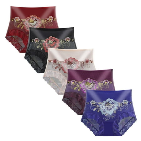 

〖TOTO〗Women Panties Hollow 5Pcs Women Ladies Flower Stretch Embroidery High Waist Lace Bikini Soft Panties Panty Underwear
