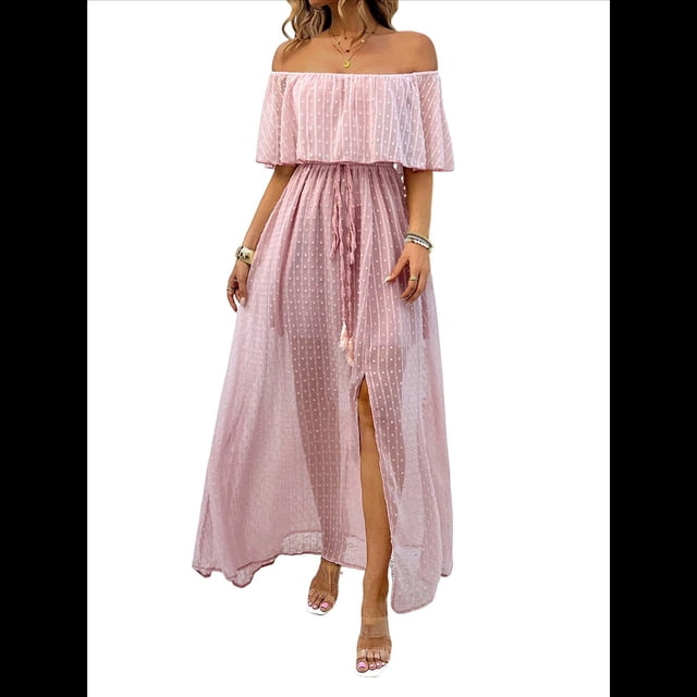 Vestido Informal de Lunares con Hombros Descubiertos para Mujer, con Volantes, Corsé, Borlas y Cintura Alta, con Abertura y Abertura, Color Liso Rosa Oscuro M