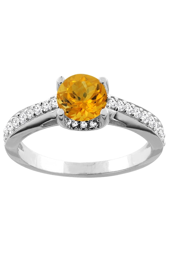 14K White Gold Natural Citrine Ring Round 6mm Diamond Accents 1/4 inch wide, size 5